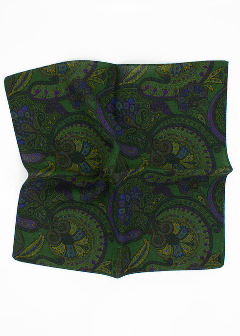 Paisley Wool Pocket Square - Green